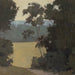 Original 60x77 landscape painting "Quiet Process" by Ashley Ozmint.  Trees in field with a dirt path and a cloudy sky. Detail image.