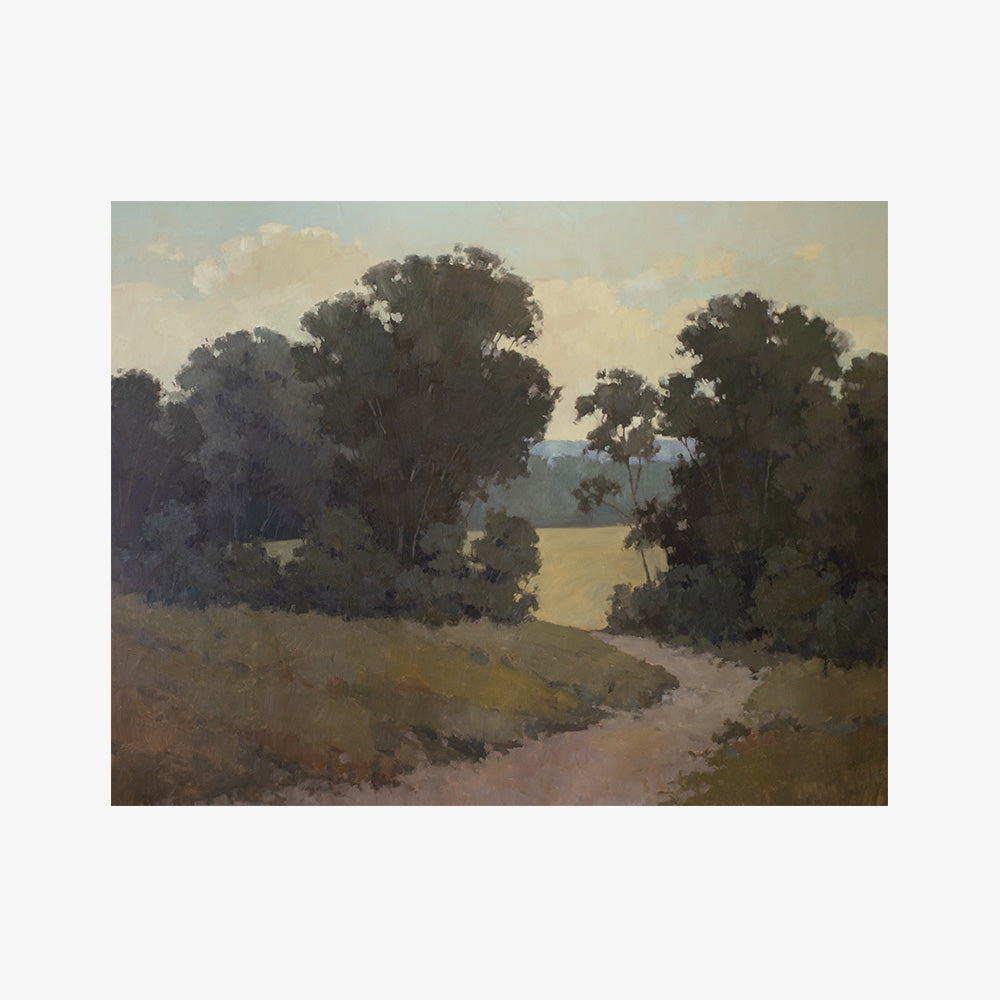 Original 60x77 landscape painting "Quiet Process" by Ashley Ozmint.  Trees in field with a dirt path and a cloudy sky.