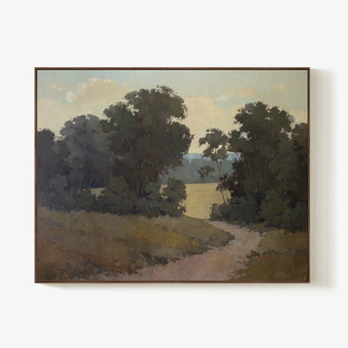 Original 60x77 landscape painting "Quiet Process" by Ashley Ozmint.  Trees in field with a dirt path and a cloudy sky.